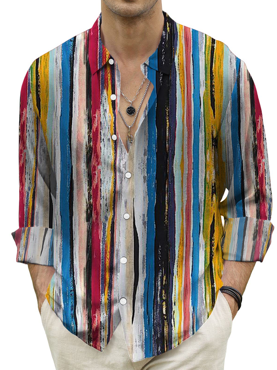 Men's Shirt Vintage Colorful Stripes Print Casual Oversized Long Sleeve Shirt
