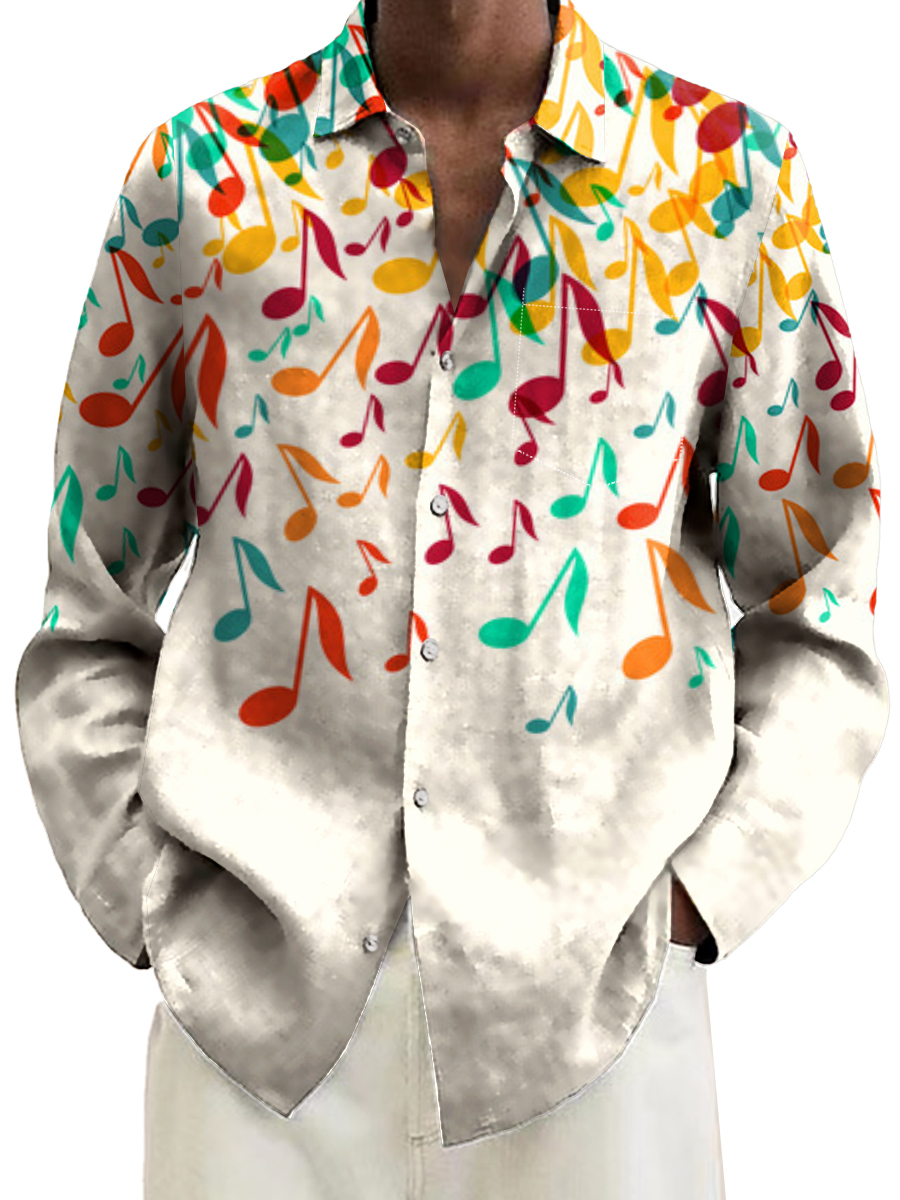 Casual Multicolor Music Notes Print Long Sleeve Hawaiian Shirt