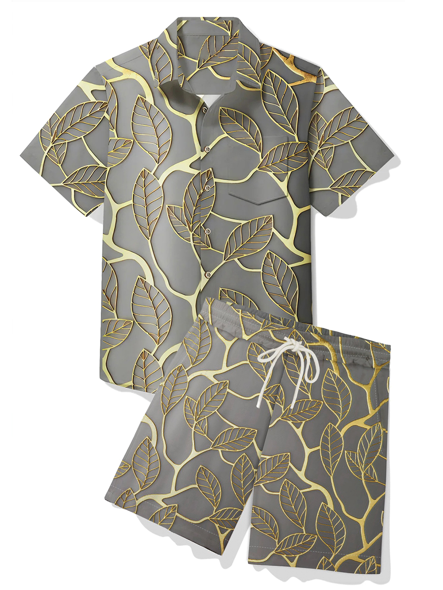 Men's Sets Hawaiian Botanical Gold Leaf Print Button Pocket Two-Piece Shirt Shorts Set