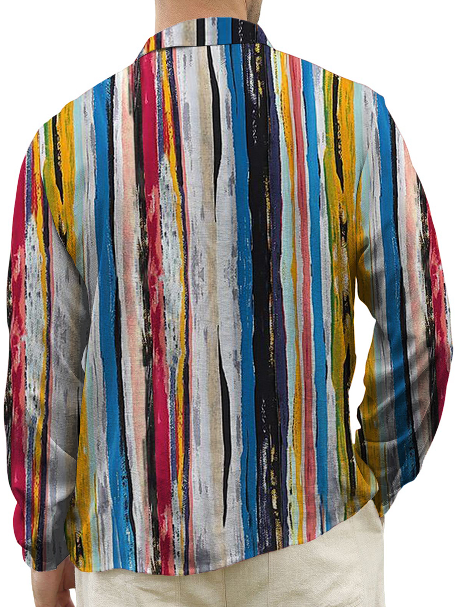 Men's Shirt Vintage Colorful Stripes Print Casual Oversized Long Sleeve Shirt