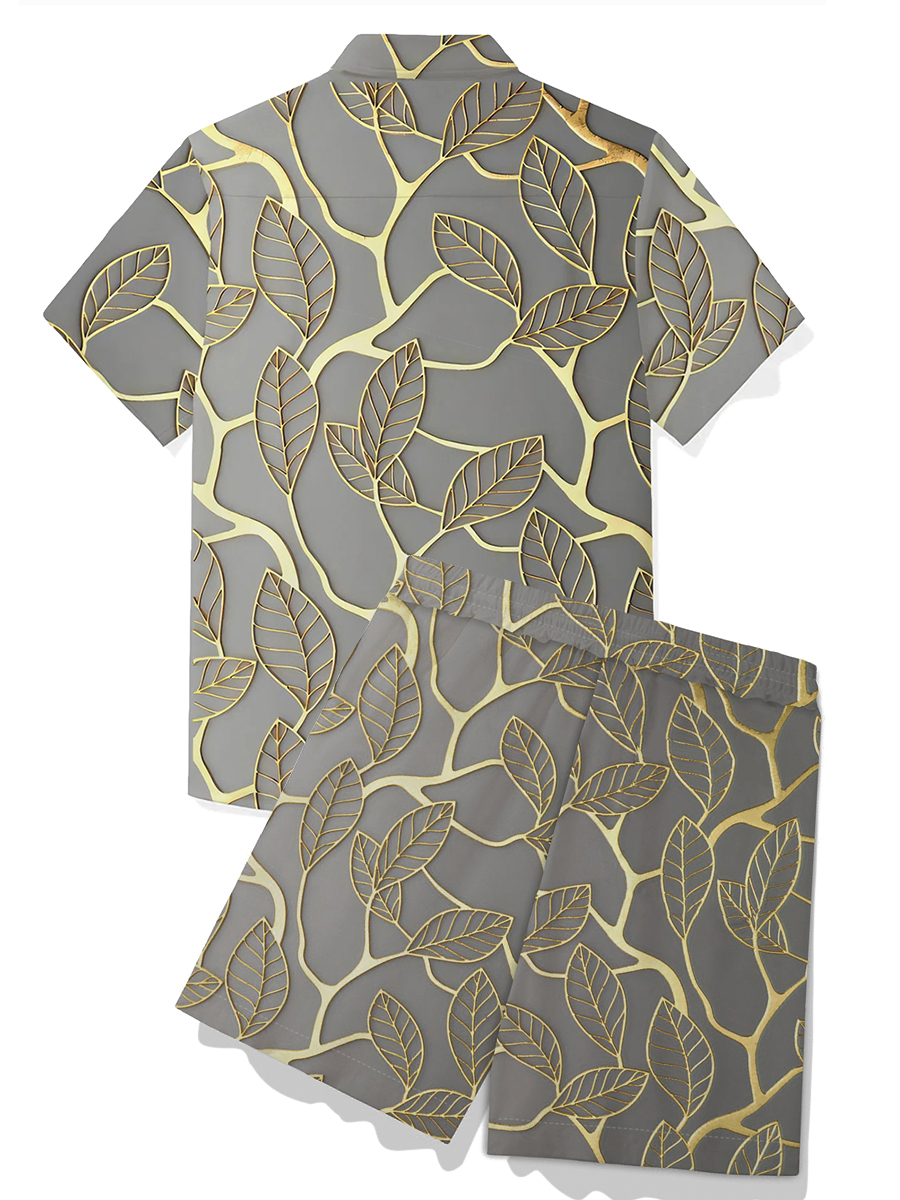 Men's Sets Hawaiian Botanical Gold Leaf Print Button Pocket Two-Piece Shirt Shorts Set