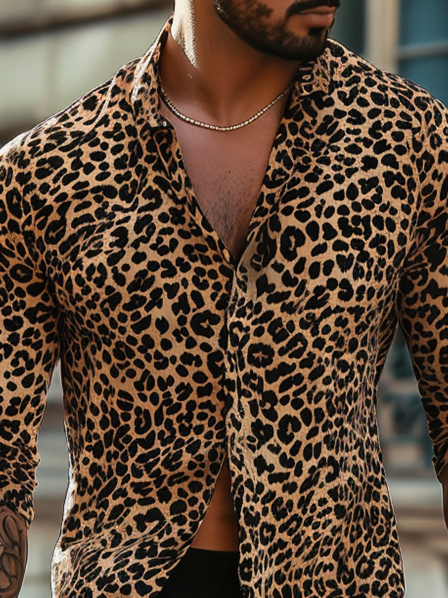 Casual Leopard Print Long Sleeve Hawaiian Shirt