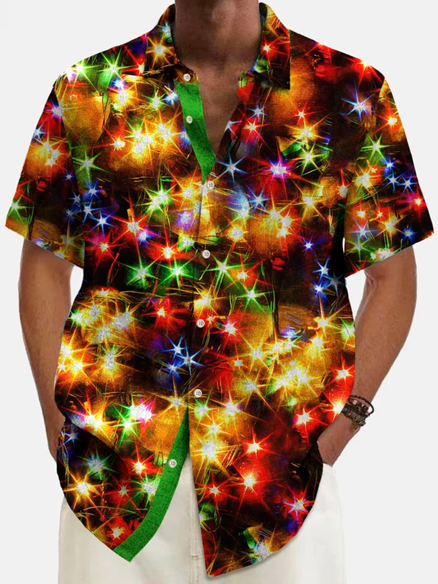 Men's Shirts Stretch Plus Size Christmas Lights Costume Button-Down Shirts