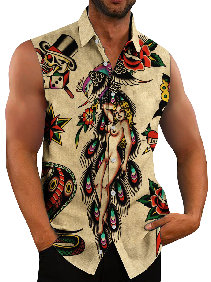 Men's Hawaiian Shirts Retro Beauty Tattoo Pattern Easy Care Sleeveless Shirts