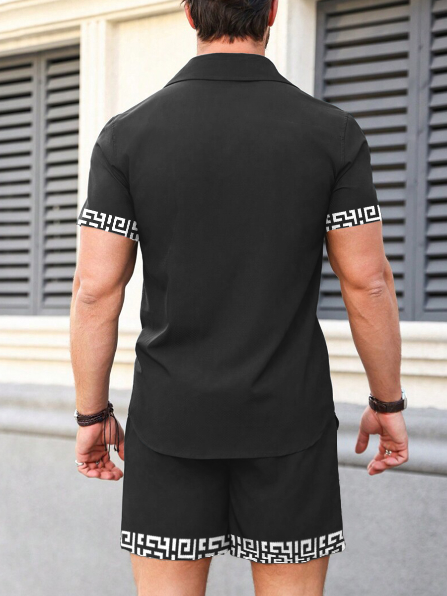 Men's Sets Fashion Geometry Print Button Down Two-Piece Shirt Shorts Set