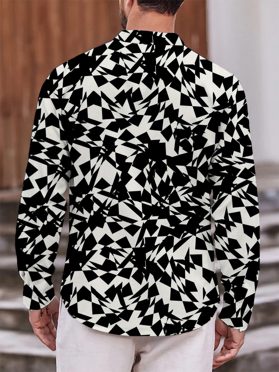 Men's Shirt Black And White Geometry Print Casual Vacation Oversized Long Sleeve Shirt