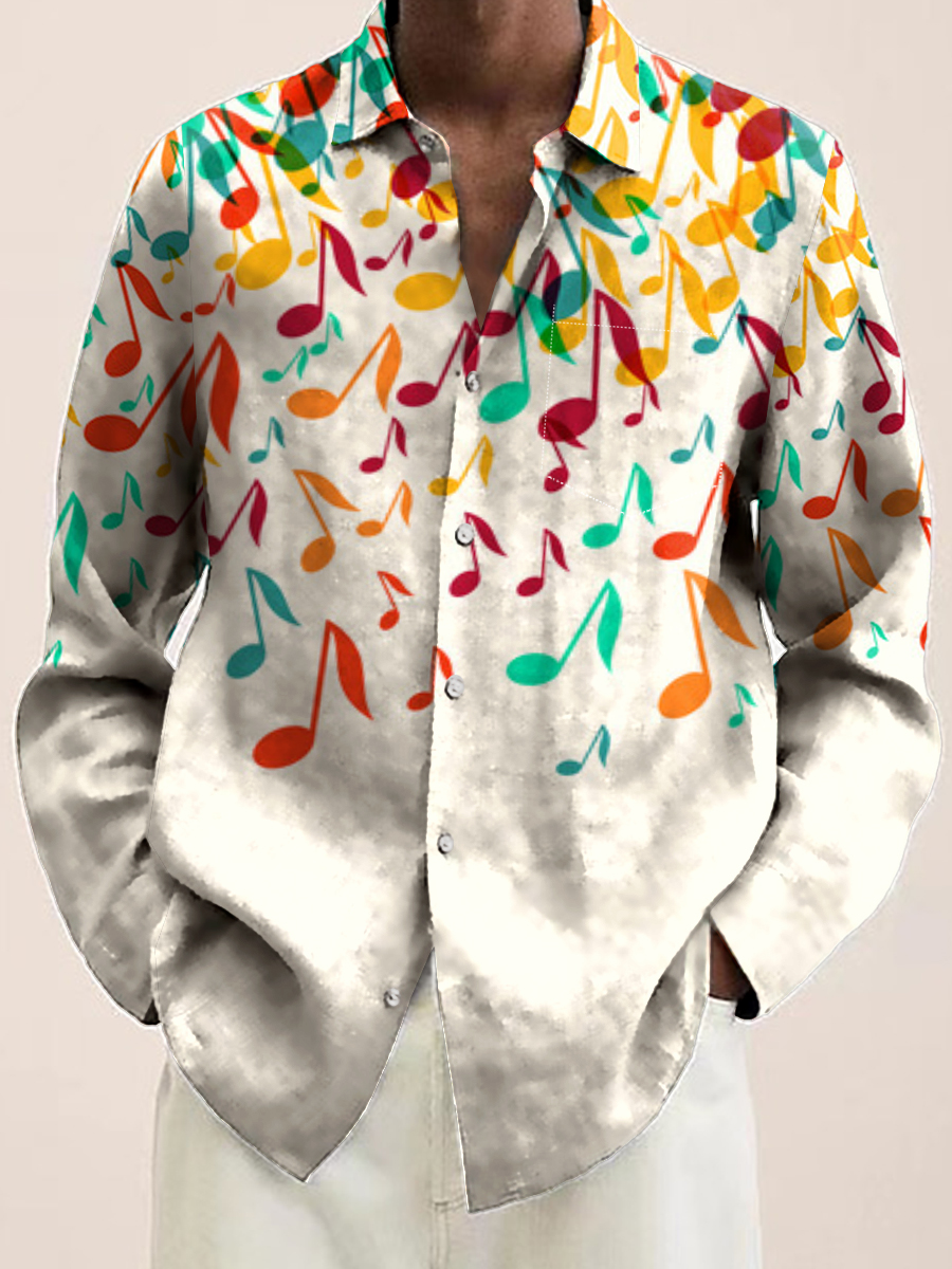 Casual Multicolor Music Notes Print Long Sleeve Hawaiian Shirt