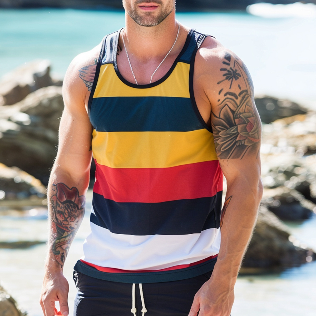Men's Sleeveless T-shirt Muscle Tank Top Gym Stripes Shirt