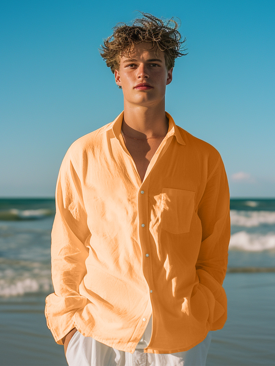 Basic Solid Color Long Sleeve Pocket Hawaiian Shirt