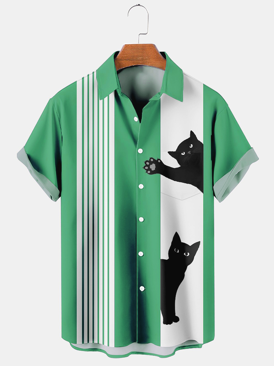 Cat Chest Pocket Short Sleeve Bowling Shirt