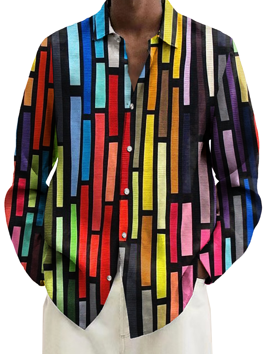 Men's Shirt Rainbow Stripes Geometry Print Casual Vacation Oversized Long Sleeve Shirt