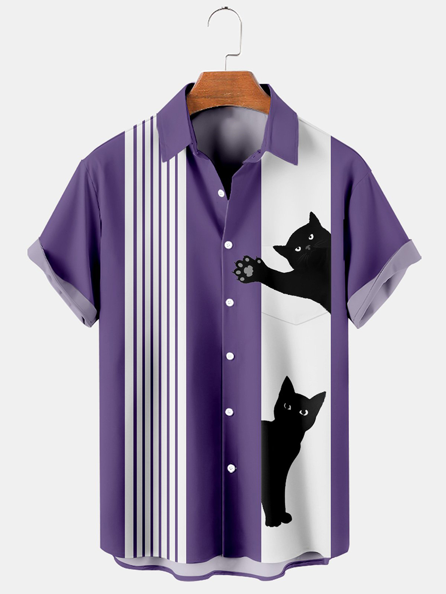 Cat Chest Pocket Short Sleeve Bowling Shirt
