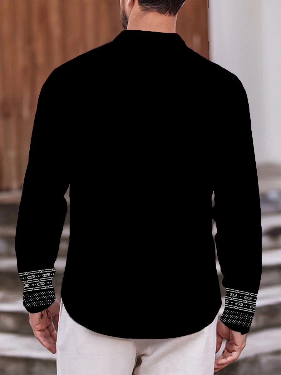 Vintage Paisley Art Print Band Collar Long Sleeve Hawaiian Shirt