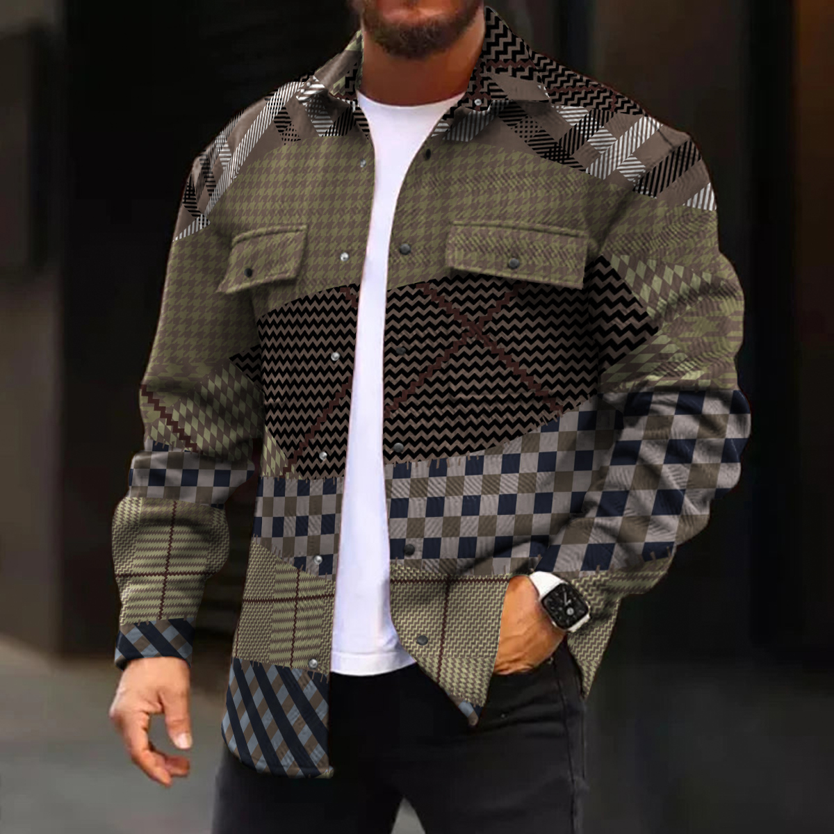 Men's Casual Jacket Plaid Pattern Long Sleeve Pockets Jacket