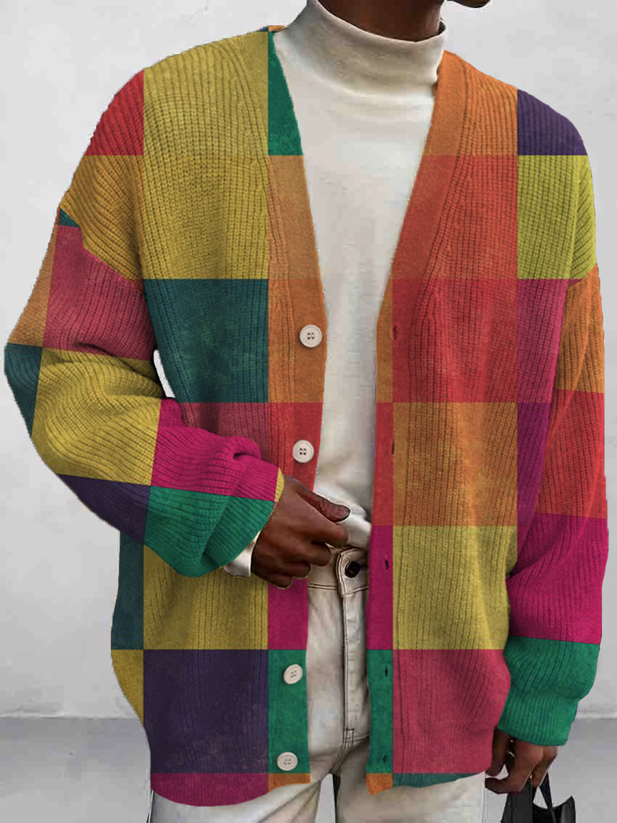 Men's Rainbow Art Colorblock Print Buttoned Cardigan Sweater