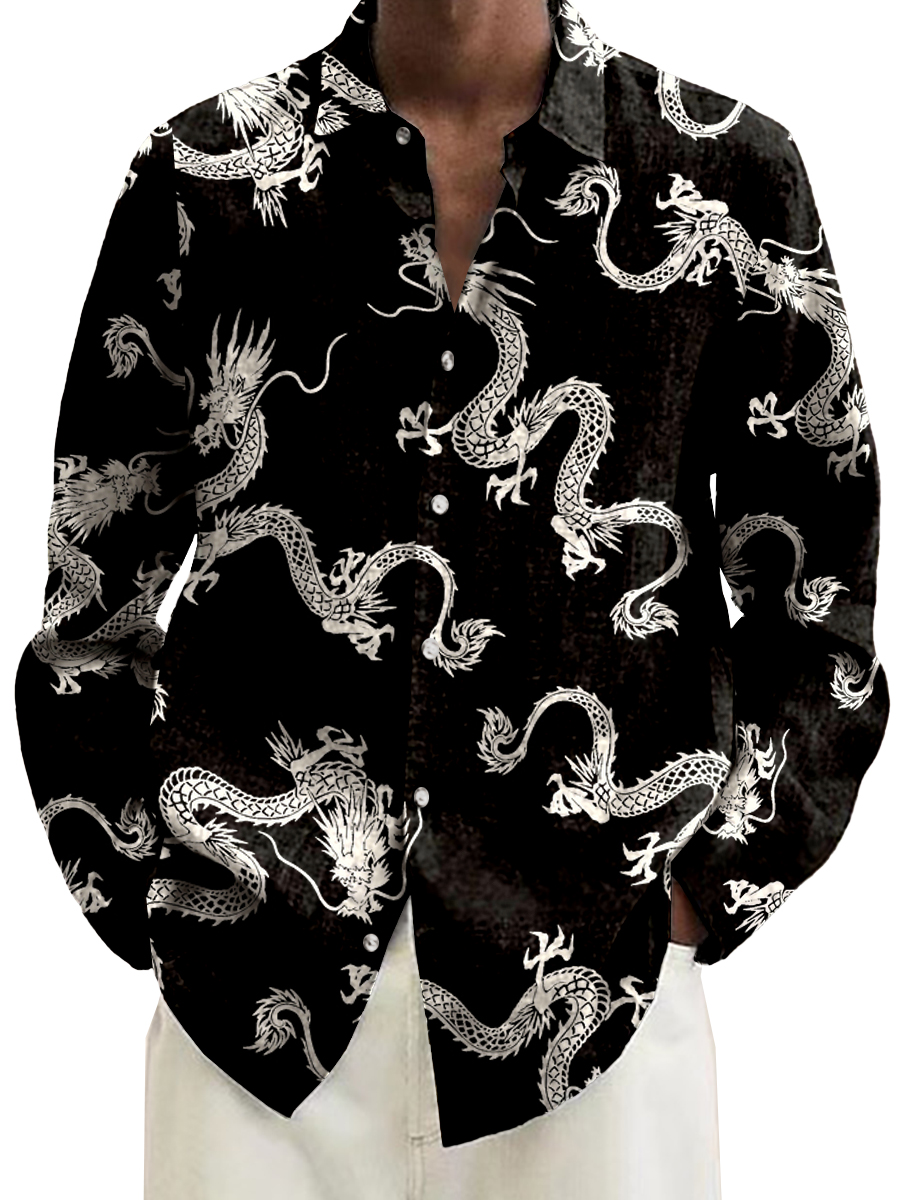 Retro Dragon Art Japanese Style Print Long Sleeve Hawaiian Shirt