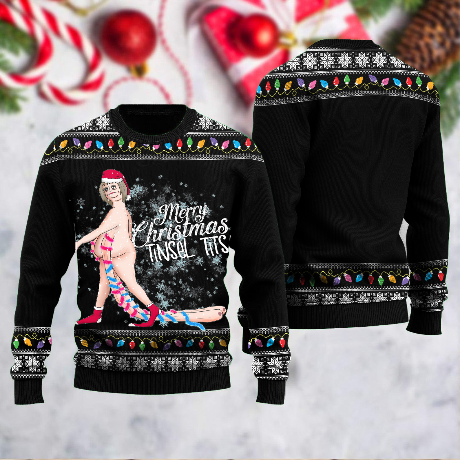 Ugly Christmas Dirty Christmas Merry Christmas Tinsel Tits Print Knit Pullover Sweater