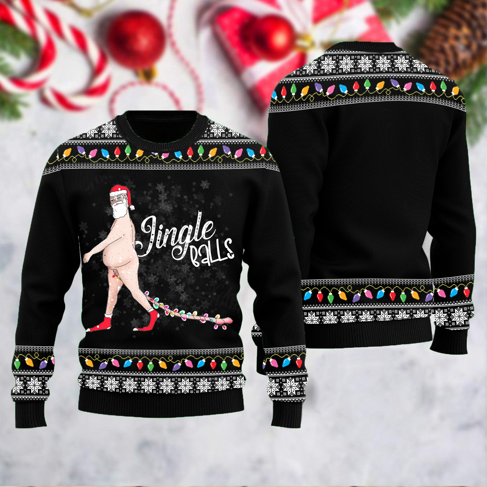 Ugly Christmas Dirty Christmas Jingle Balls Print Knit Pullover Sweater