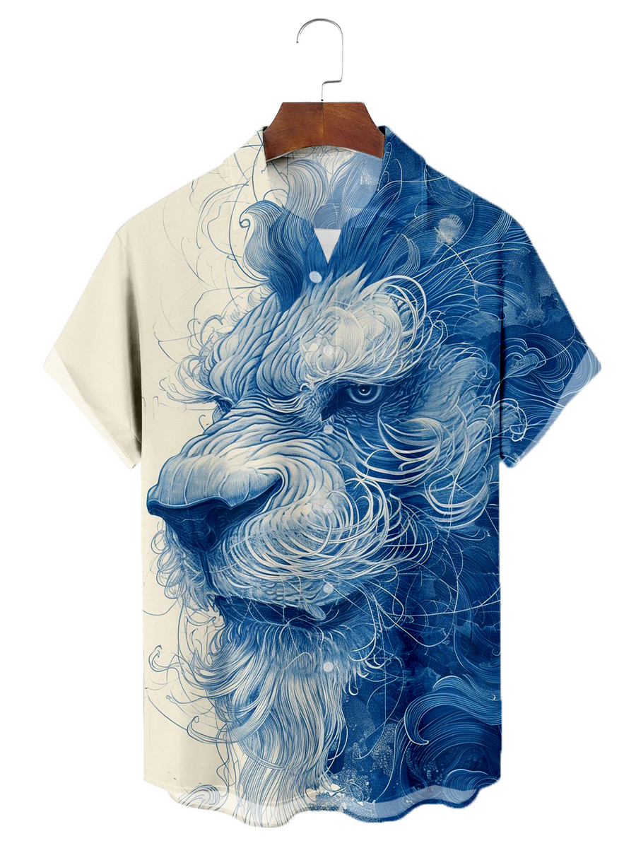 Retro Lion Art Pattern Shirt Men's Hawaiian Shirt