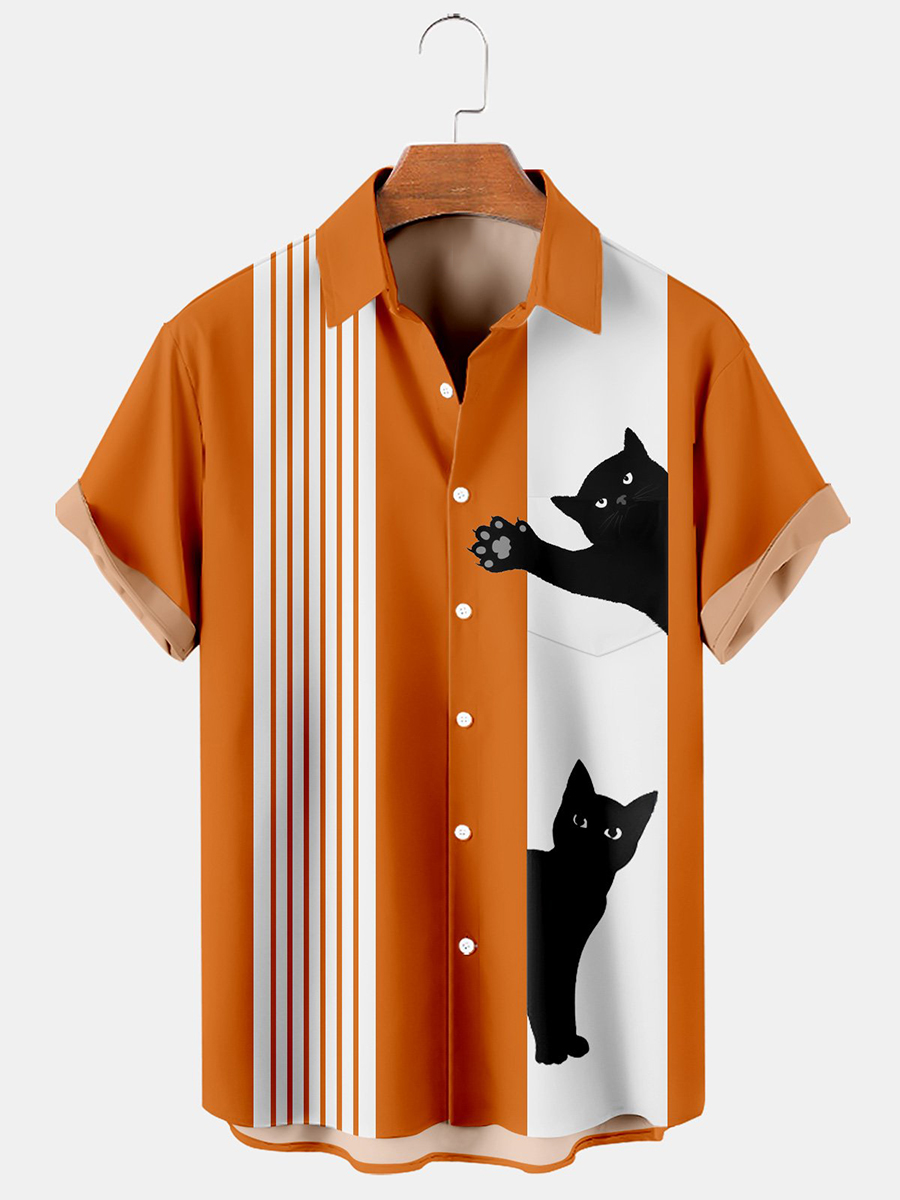 Cat Chest Pocket Short Sleeve Bowling Shirt