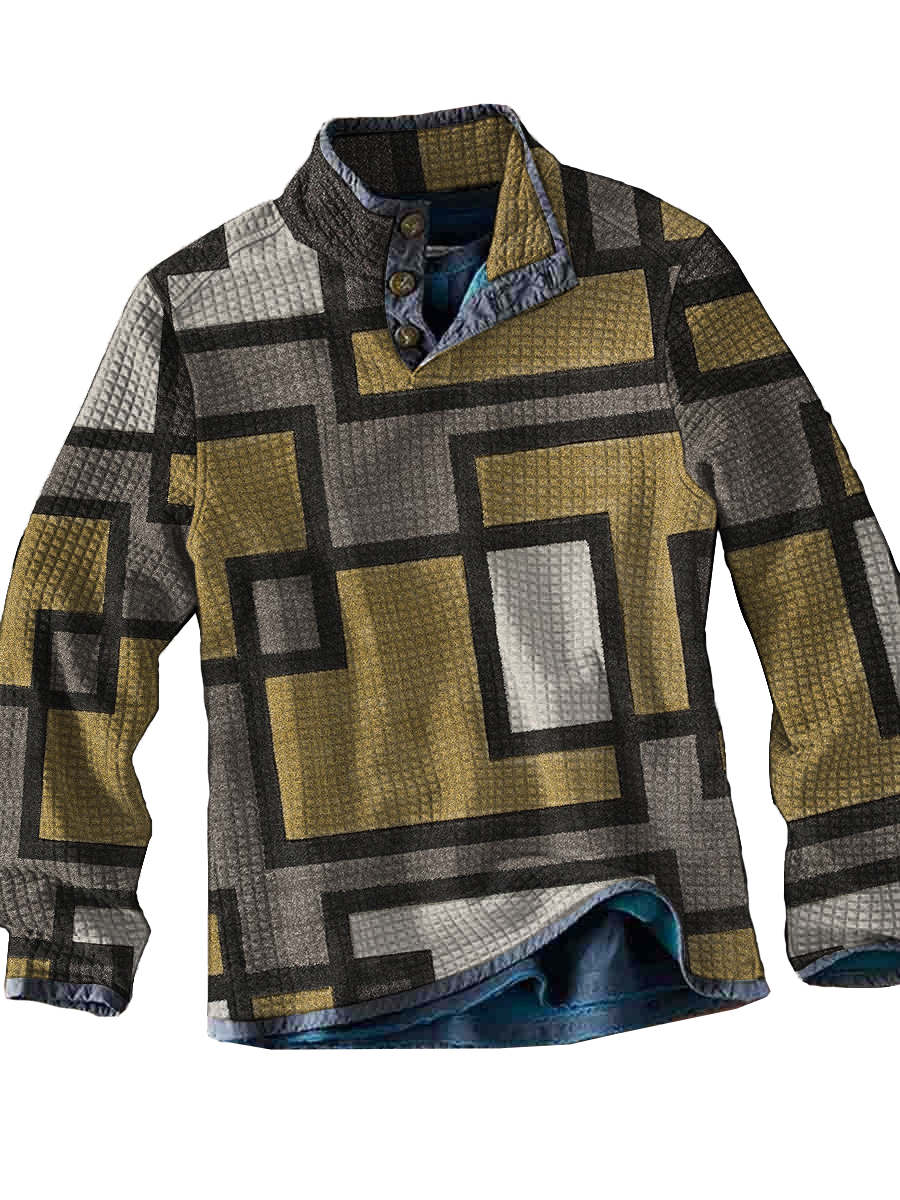 Men's Waffle Vintage Colorblock Print Long Sleeves Casual Fashion Top