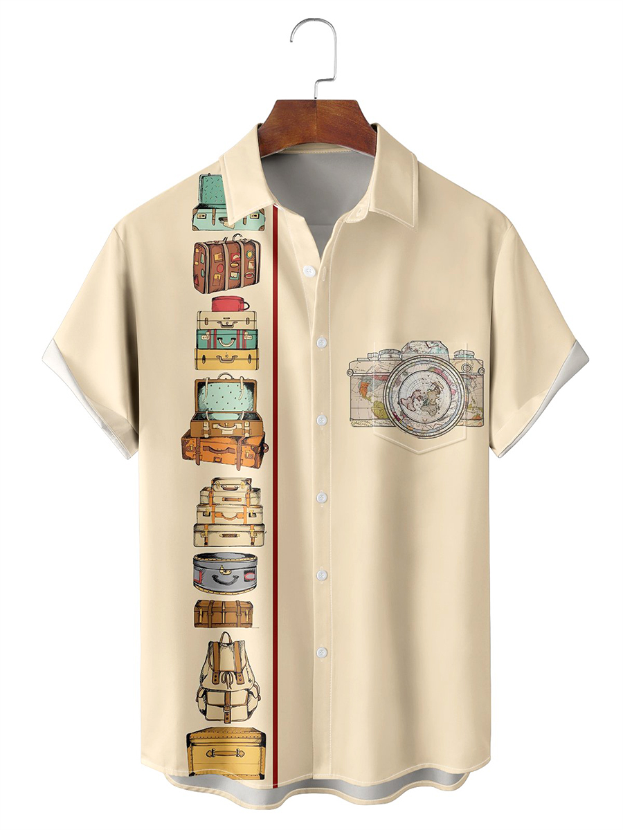 Moisture-wicking Travel Art Illustration Chest Pocket Bowling Shirt