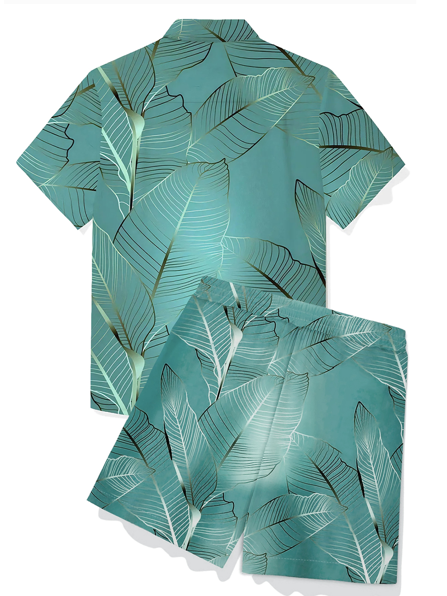 Men's Sets Hawaiian Botanical Gold Leaf Print Button Pocket Two-Piece Shirt Shorts Set