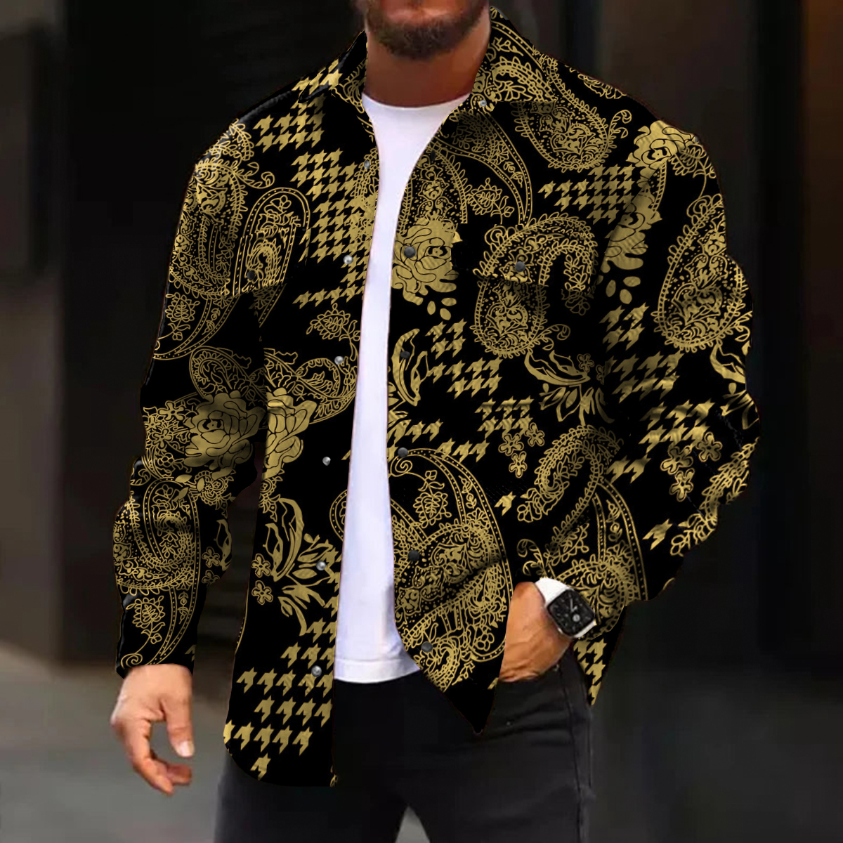 Men's Casual Jacket Houndstooth Paisley Pattern Long Sleeve Pockets Jacket
