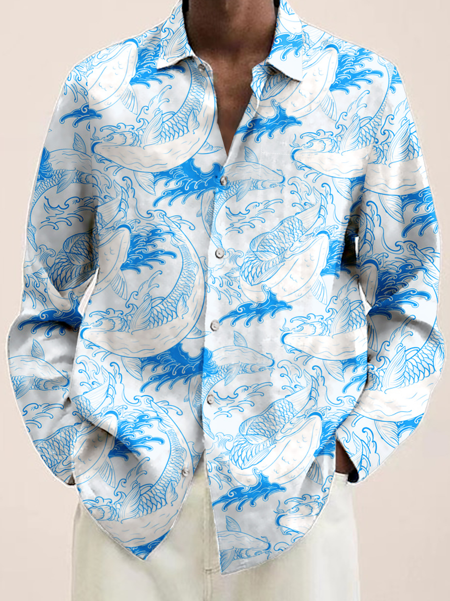 Japanese Style Koi Print Long Sleeve Hawaiian Shirt