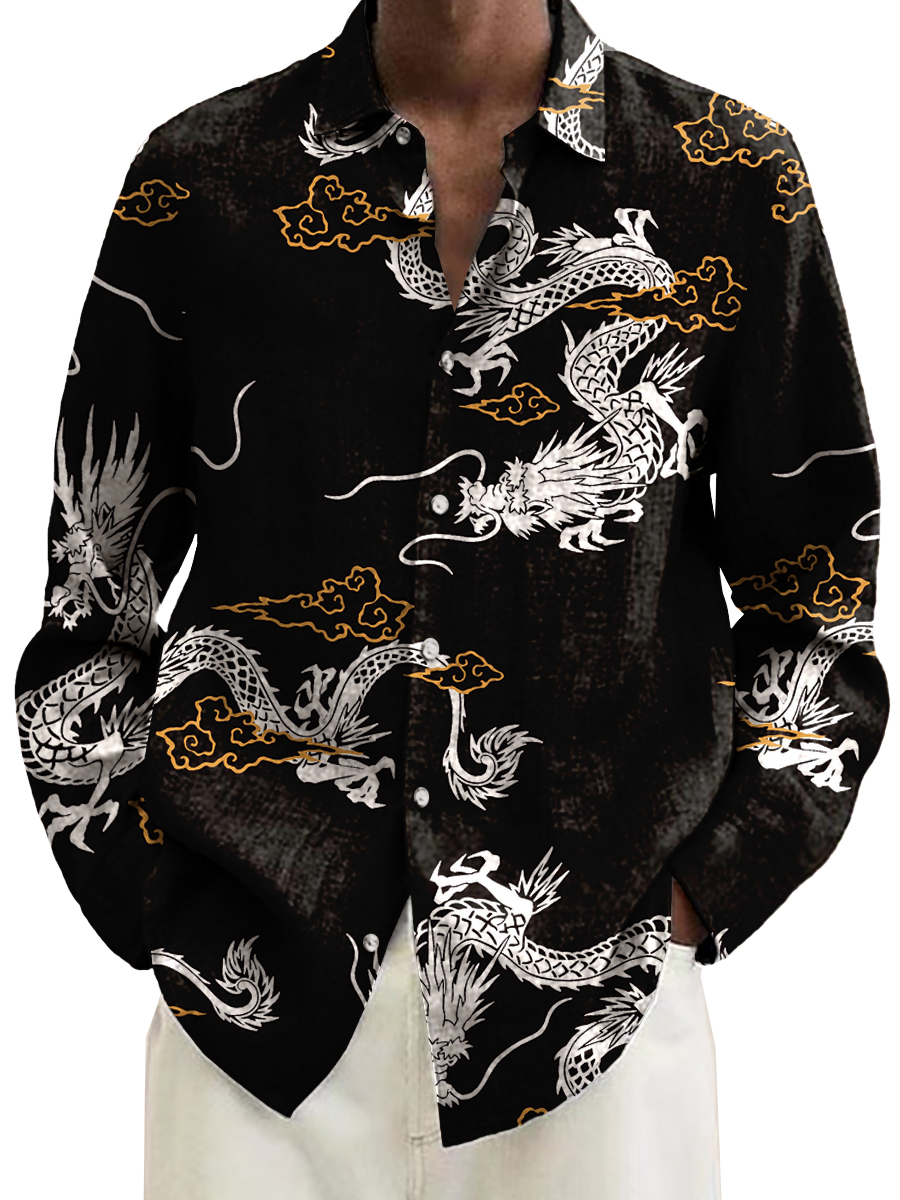 Japanese Style Dragon Print Long Sleeve Hawaiian Shirt