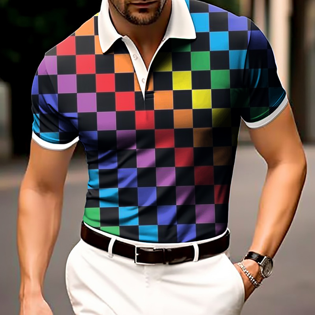 Men's Polo Shirt Rainbow Plaid Short Sleeve Golf Shirt