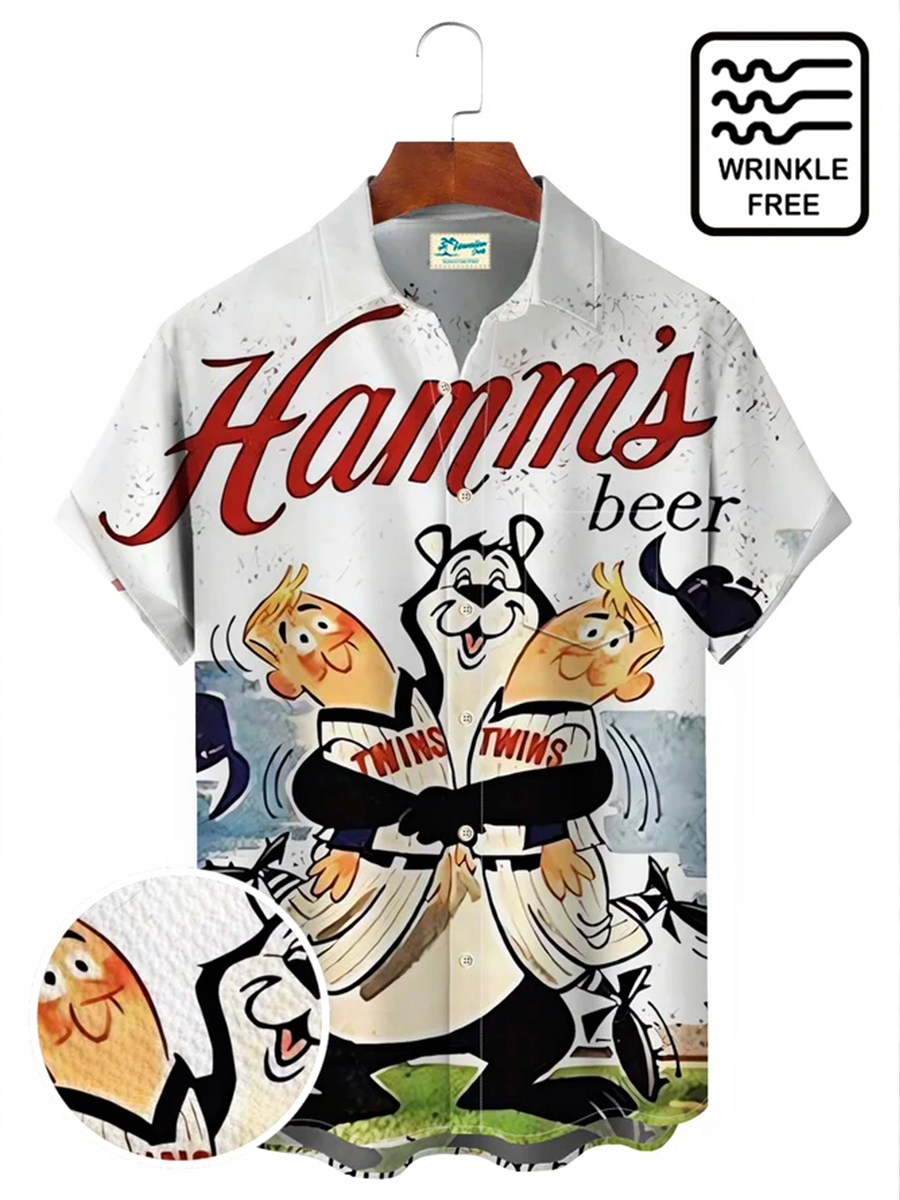 50's Retro Beer Movie Men's Hawaiian Shirts Fun Cartoon Bear Stretch Aloha Camp Pocket Shirts