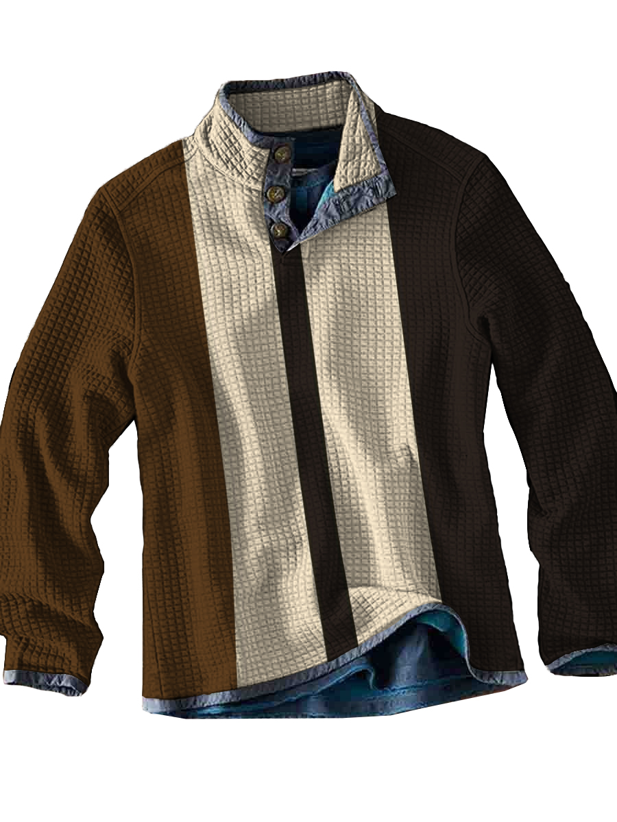 Men's Waffle Vintage Colorblock Print Long Sleeves Casual Fashion Top