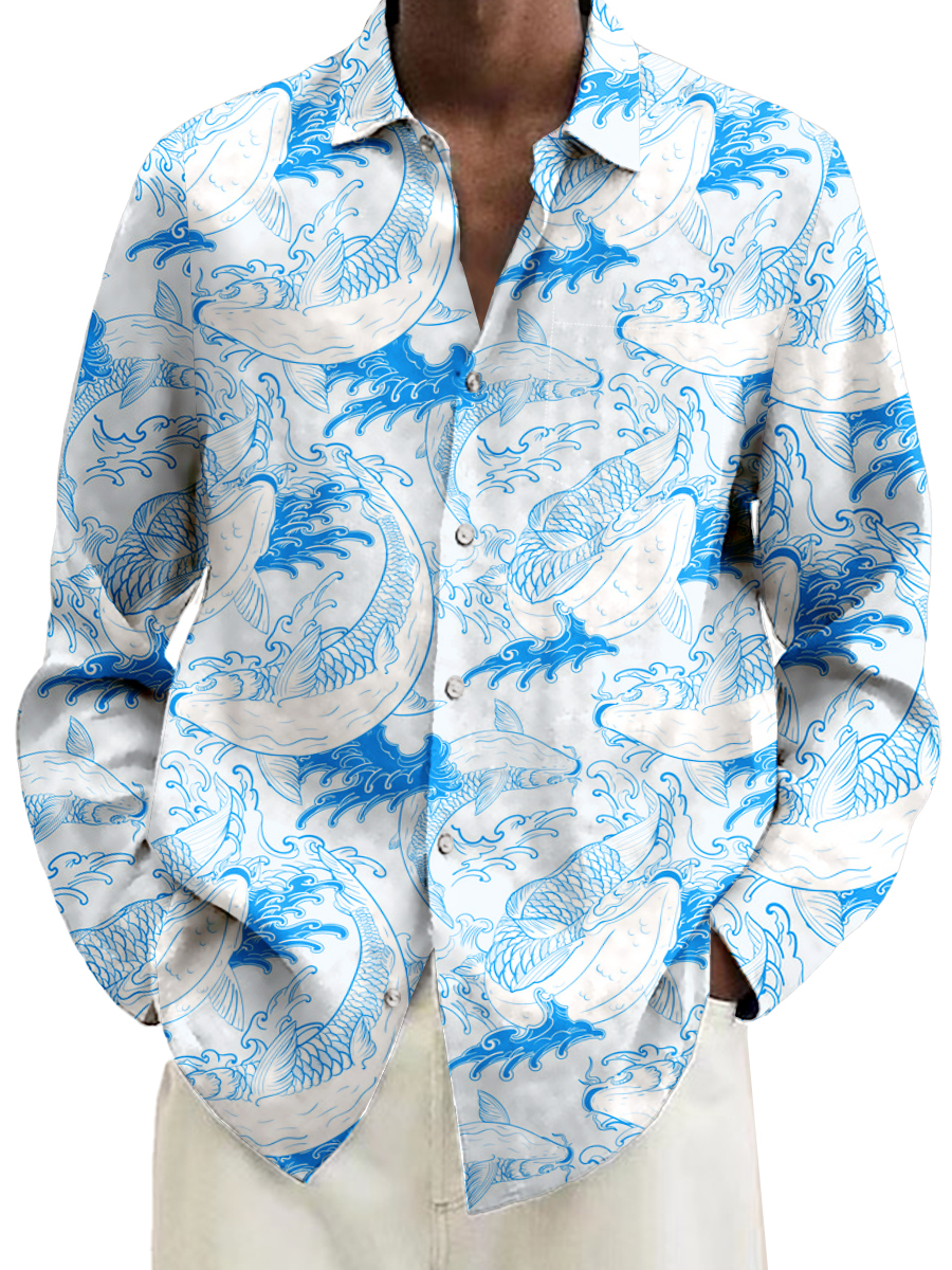 Japanese Style Koi Print Long Sleeve Hawaiian Shirt
