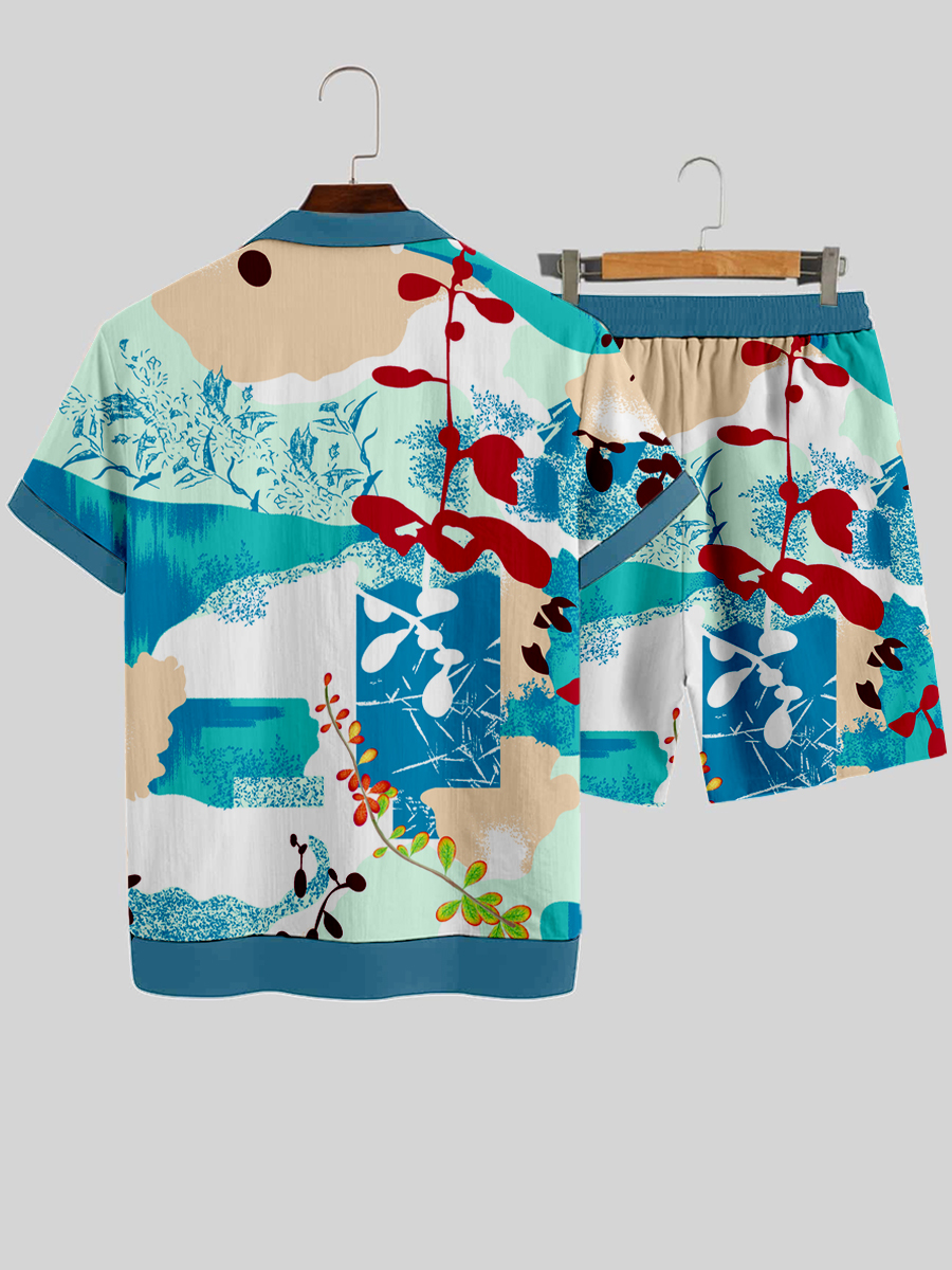 Men's Sets Hand Drawn Floral Art Button Down Two-Piece Shirt Shorts Set