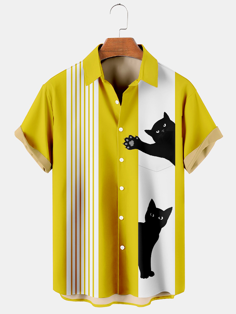 Cat Chest Pocket Short Sleeve Bowling Shirt