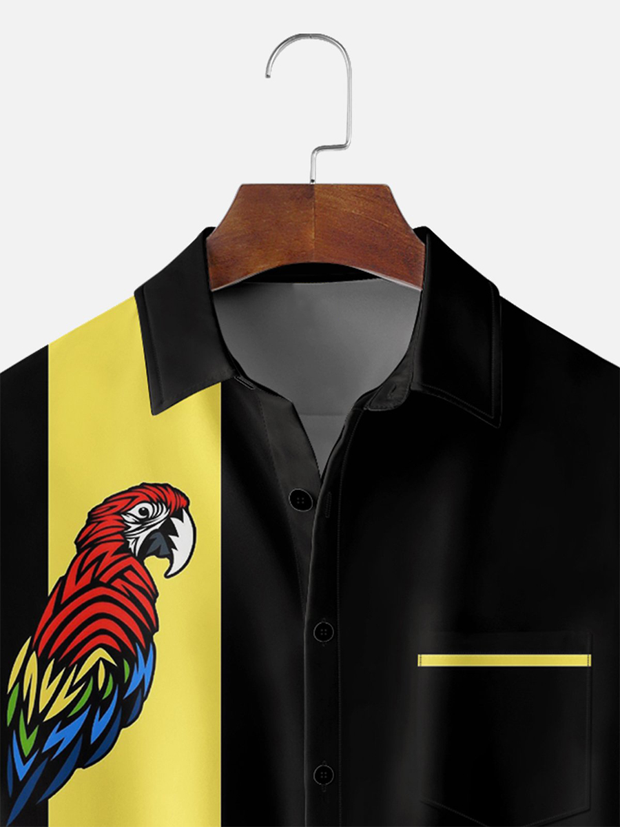 Moisture-wicking Geometric Parrot Chest Pocket Bowling Shirt
