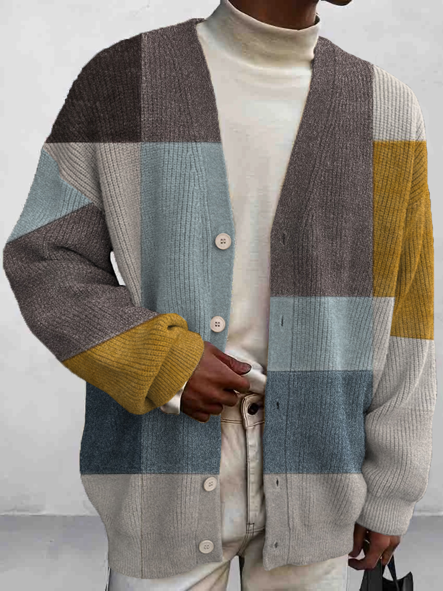 Men's Art Colorblock Print Buttoned Cardigan Sweater