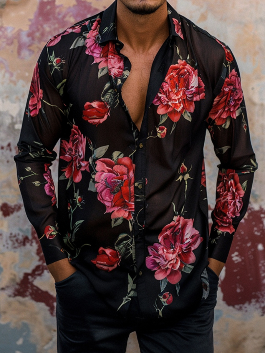 Men's Casual Rose Plus Size Long Sleeve Shirts