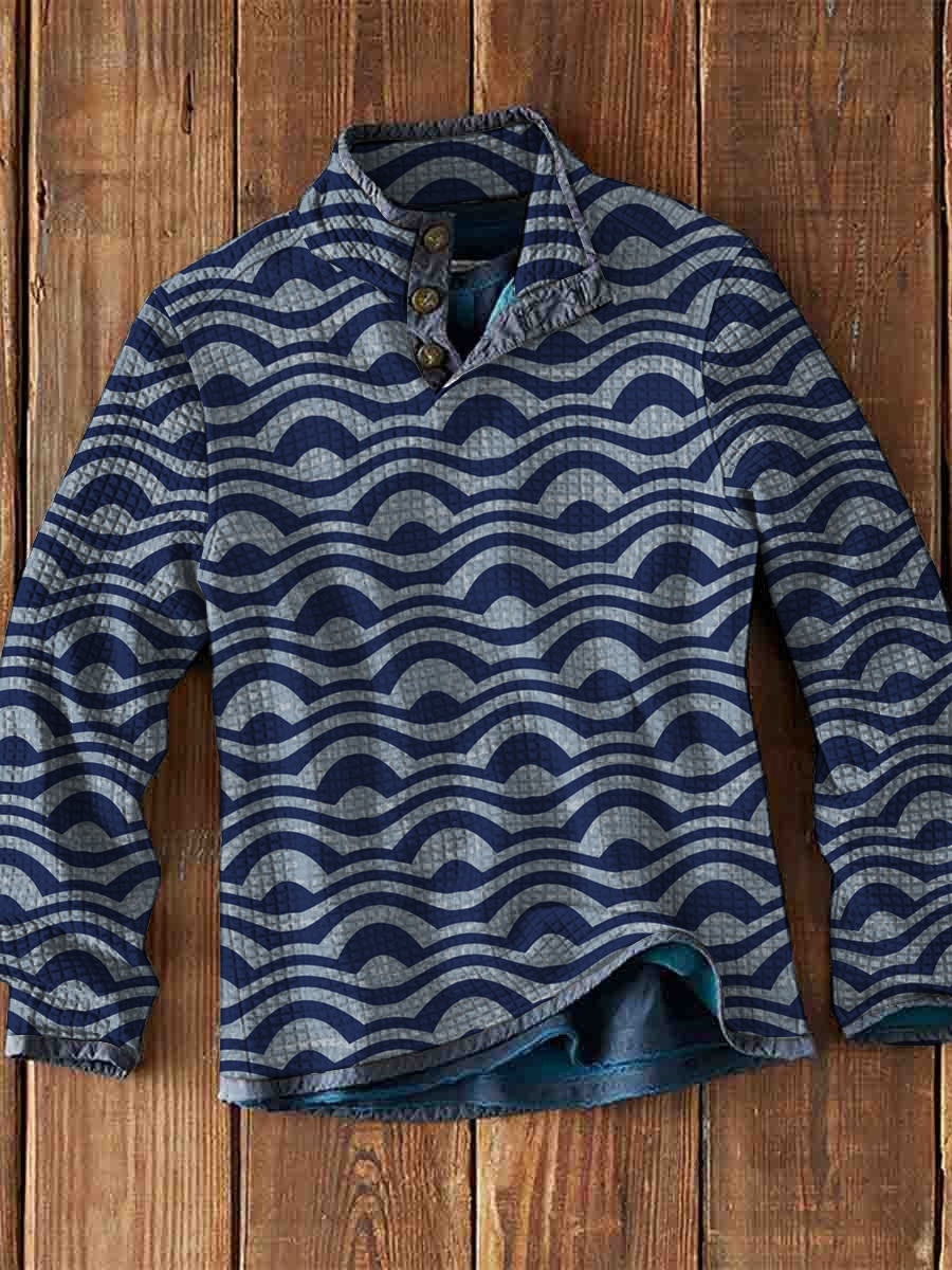 Men's Waffle Japanese Style Waves Print Long Sleeves Casual Fashion Top
