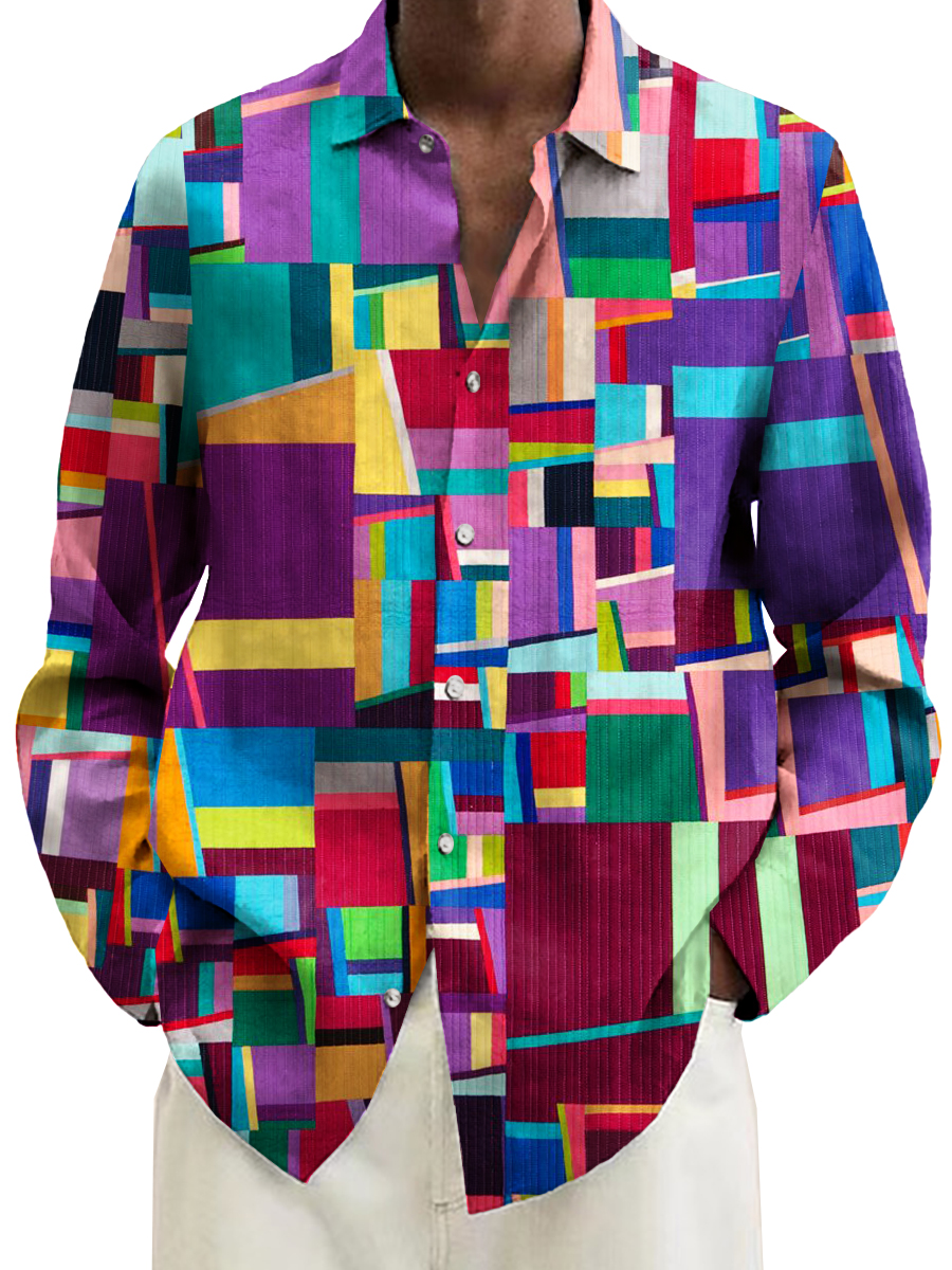 Men's Shirt Rainbow Geometry Art Print Casual Vacation Oversized Long Sleeve Shirt