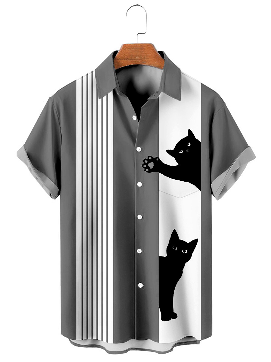 Cat Chest Pocket Short Sleeve Bowling Shirt