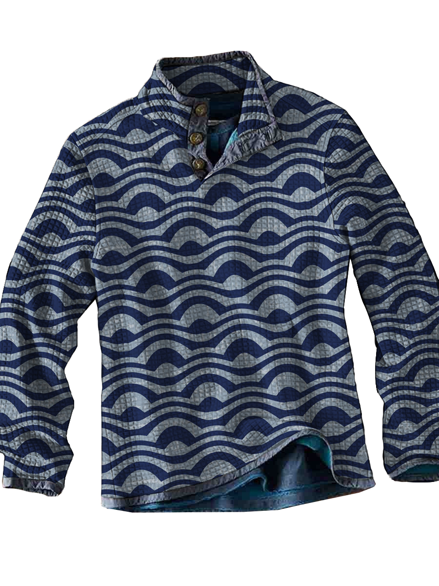 Men's Waffle Japanese Style Waves Print Long Sleeves Casual Fashion Top