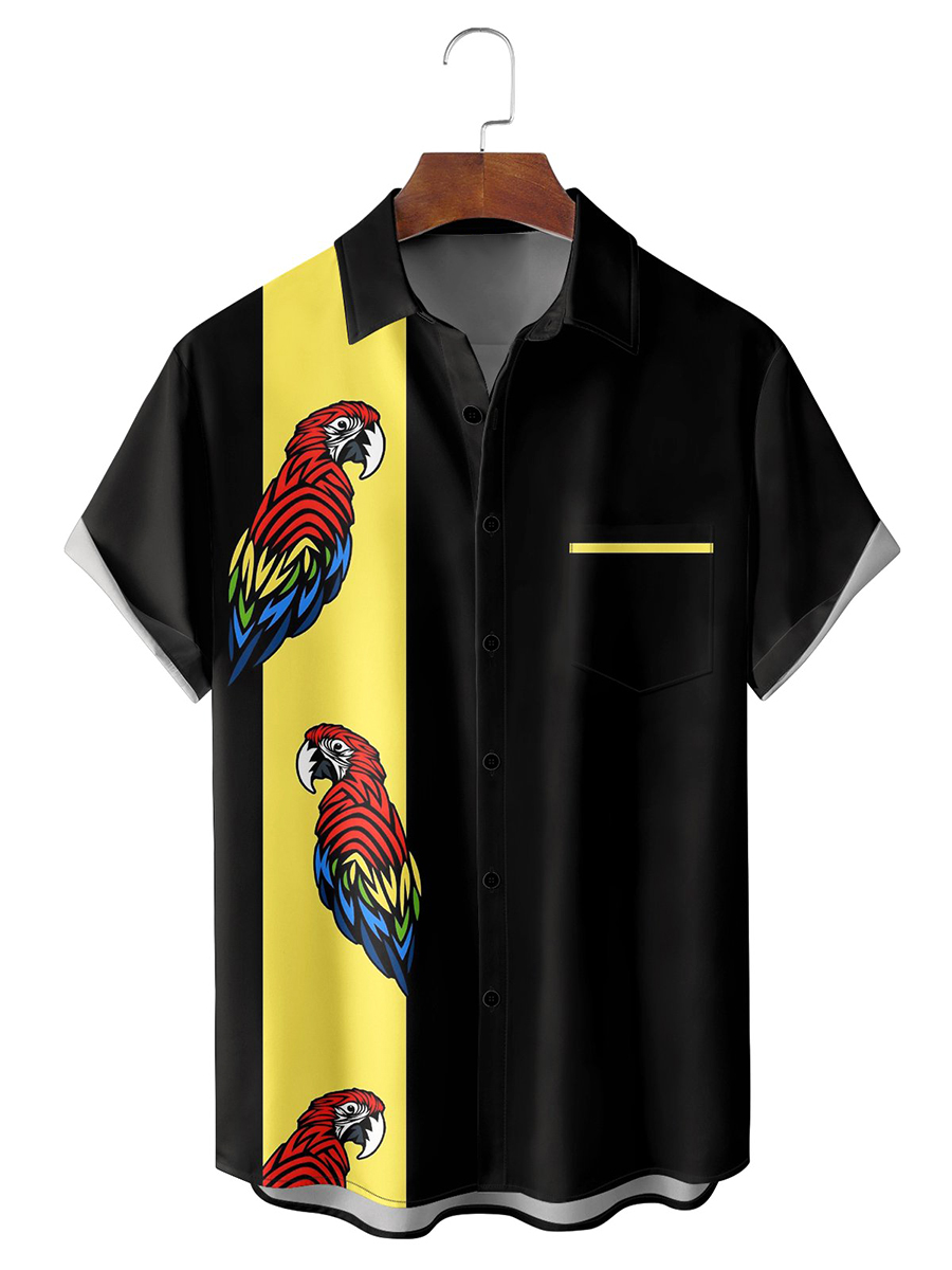 Moisture-wicking Geometric Parrot Chest Pocket Bowling Shirt