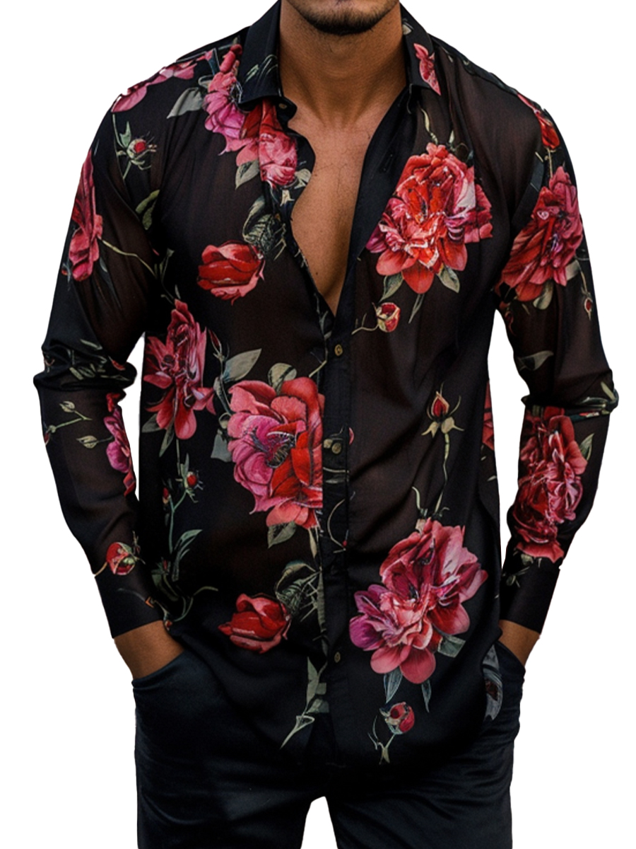 Men's Casual Rose Plus Size Long Sleeve Shirts