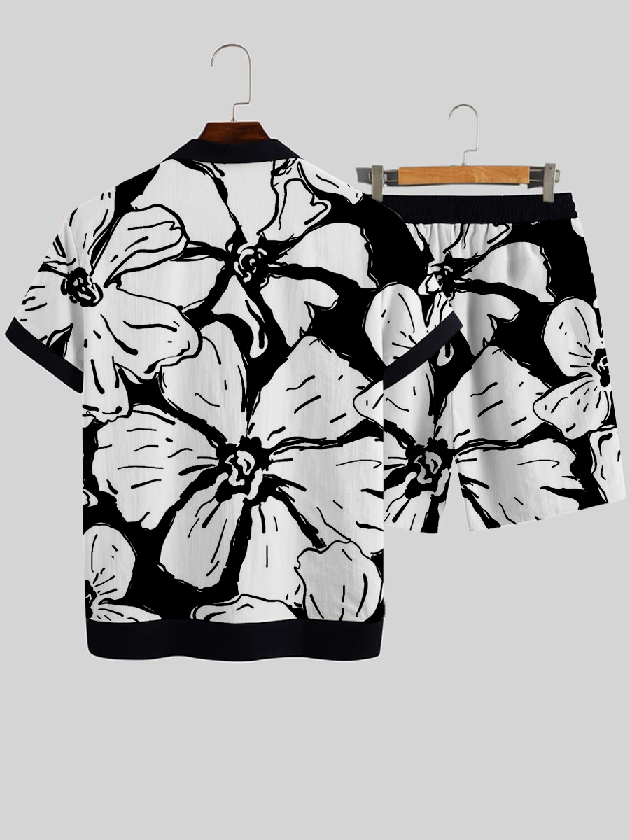 Men's Sets Hand Drawn Flowers Button Down Two-Piece Shirt Shorts Set