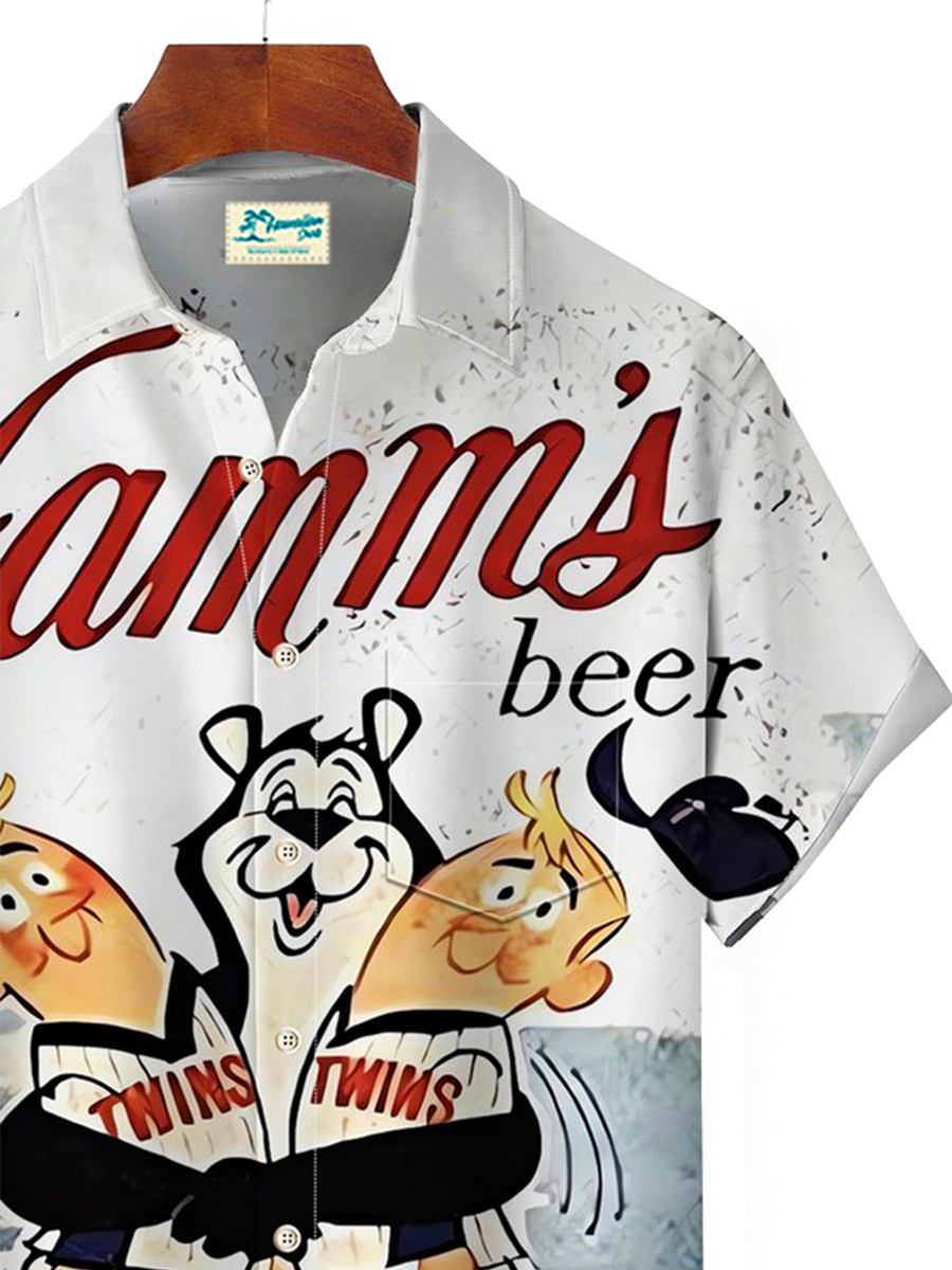 50's Retro Beer Movie Men's Hawaiian Shirts Fun Cartoon Bear Stretch Aloha Camp Pocket Shirts