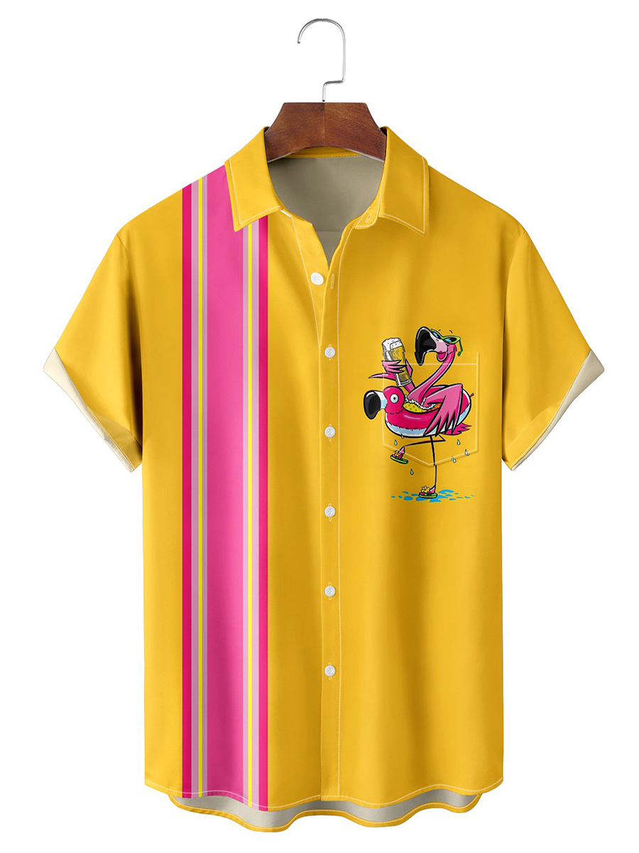 Moisture-wicking Flamingo Chest Pocket Bowling Shirt
