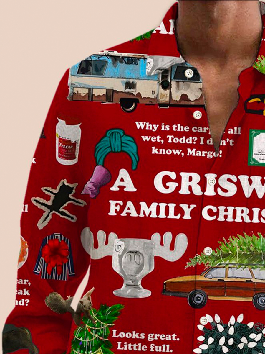 Christmas Movie Print Men's Button Pocket Long Sleeve Shirt