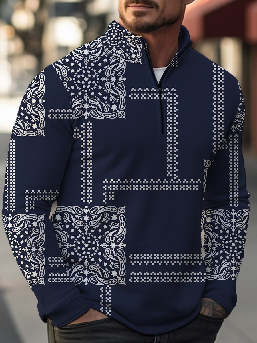 Vintage Pattern Casual Zip Long Sleeve Sweater